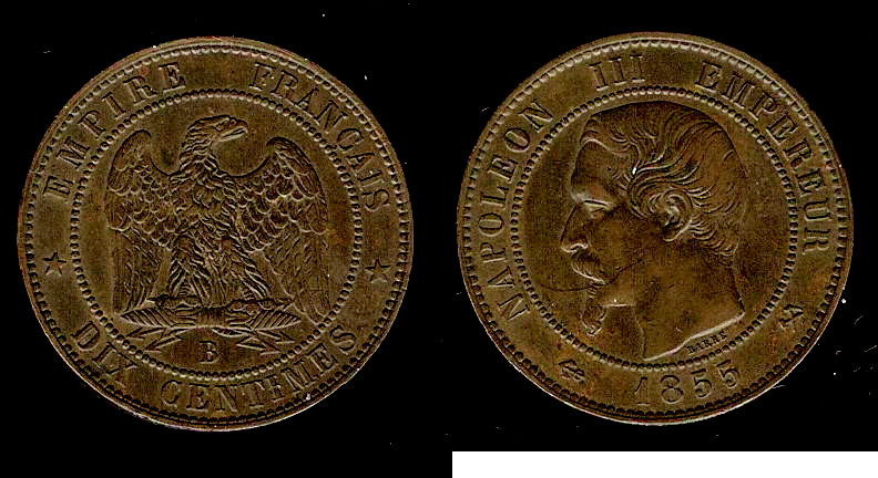 Dix centimes Napoléon III, tête nue 1855 Rouen SUP+